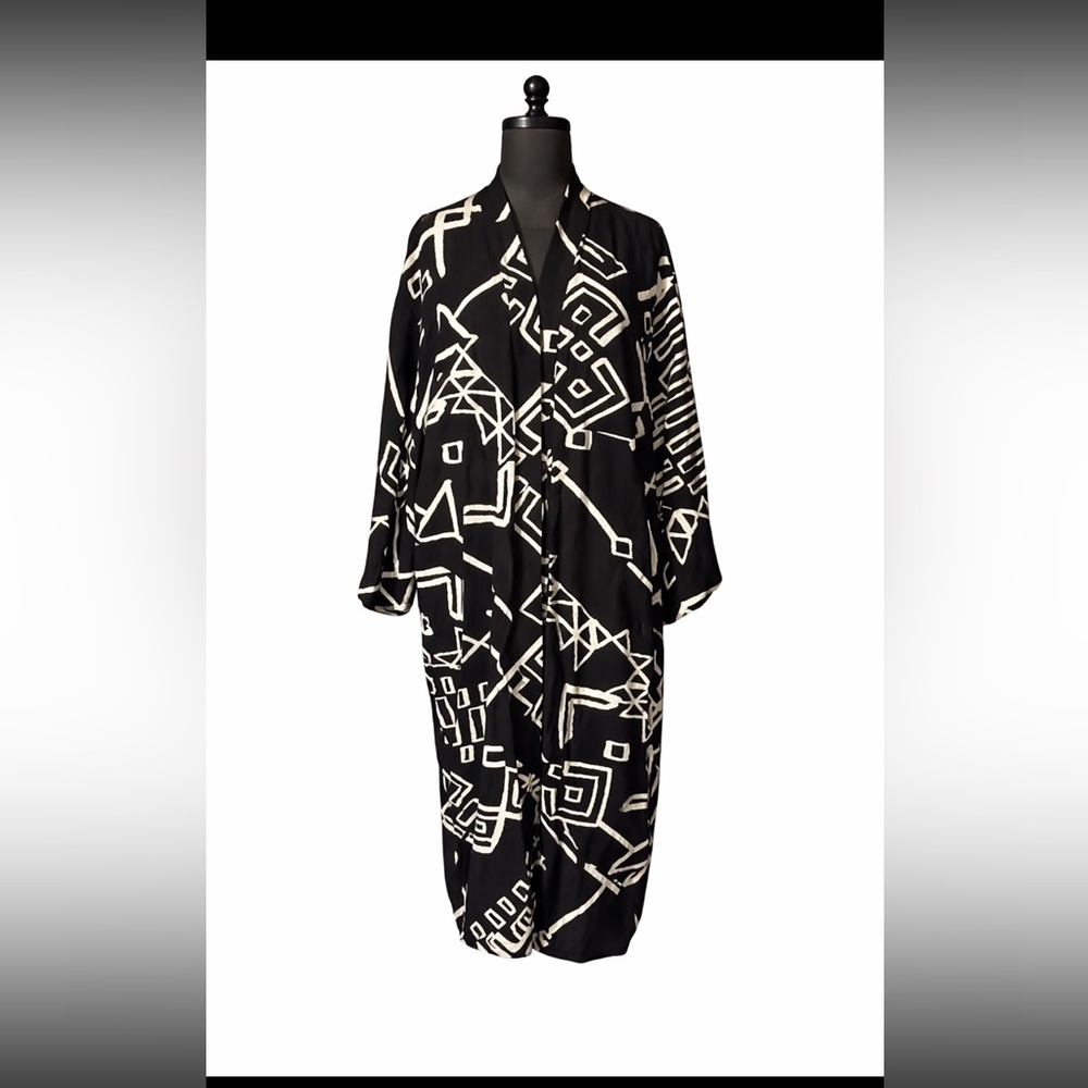 Anthropologie Black White Geometric Tribal Duster Kimono Cardigan One Size Art